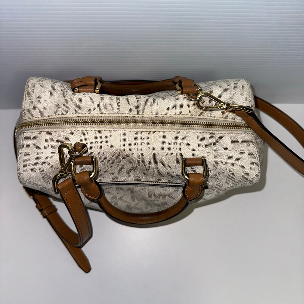 Michael Kors Monogram Kirby Satchel Bag Beige/Brown Vanilla/Acorn MK Logo Purse - Picture 10 of 16